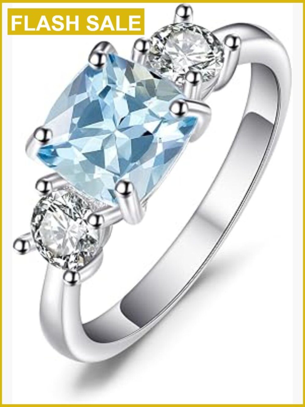 Cushion Cut 2.6ct Genuine Blue Topaz 3-Stone Ring, 14K Gold Plated Sterling